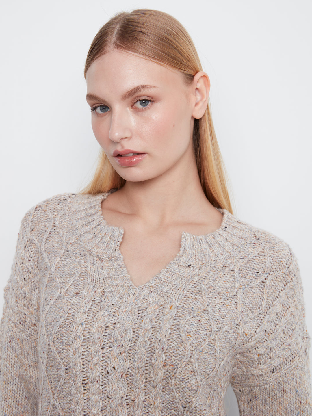 Long Sleeve Notch Neck Heather Nep Yarn Sweater