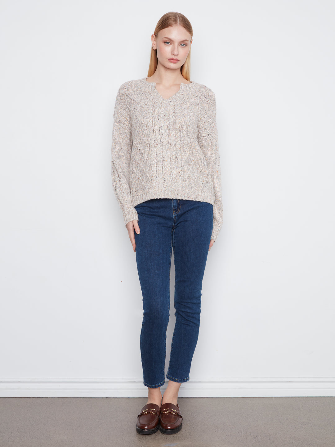 Long Sleeve Notch Neck Heather Nep Yarn Sweater