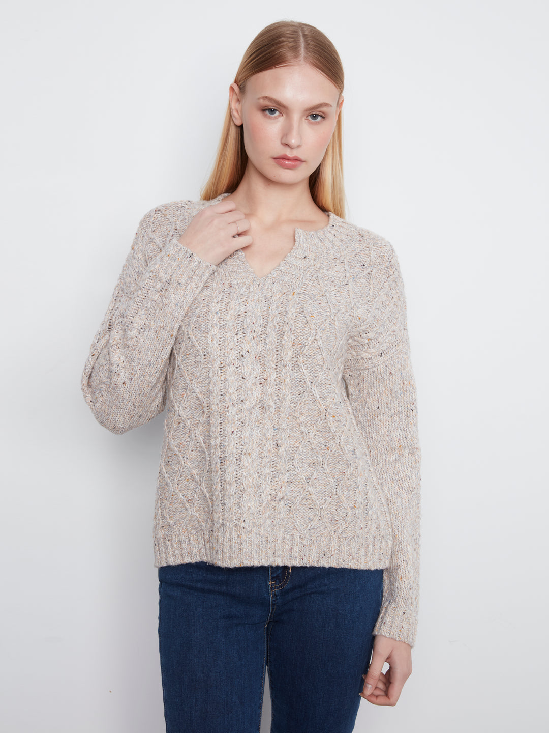 Long Sleeve Notch Neck Heather Nep Yarn Sweater