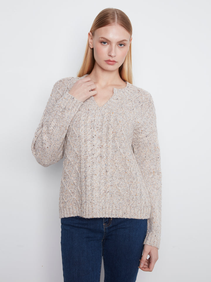 Long Sleeve Notch Neck Heather Nep Yarn Sweater