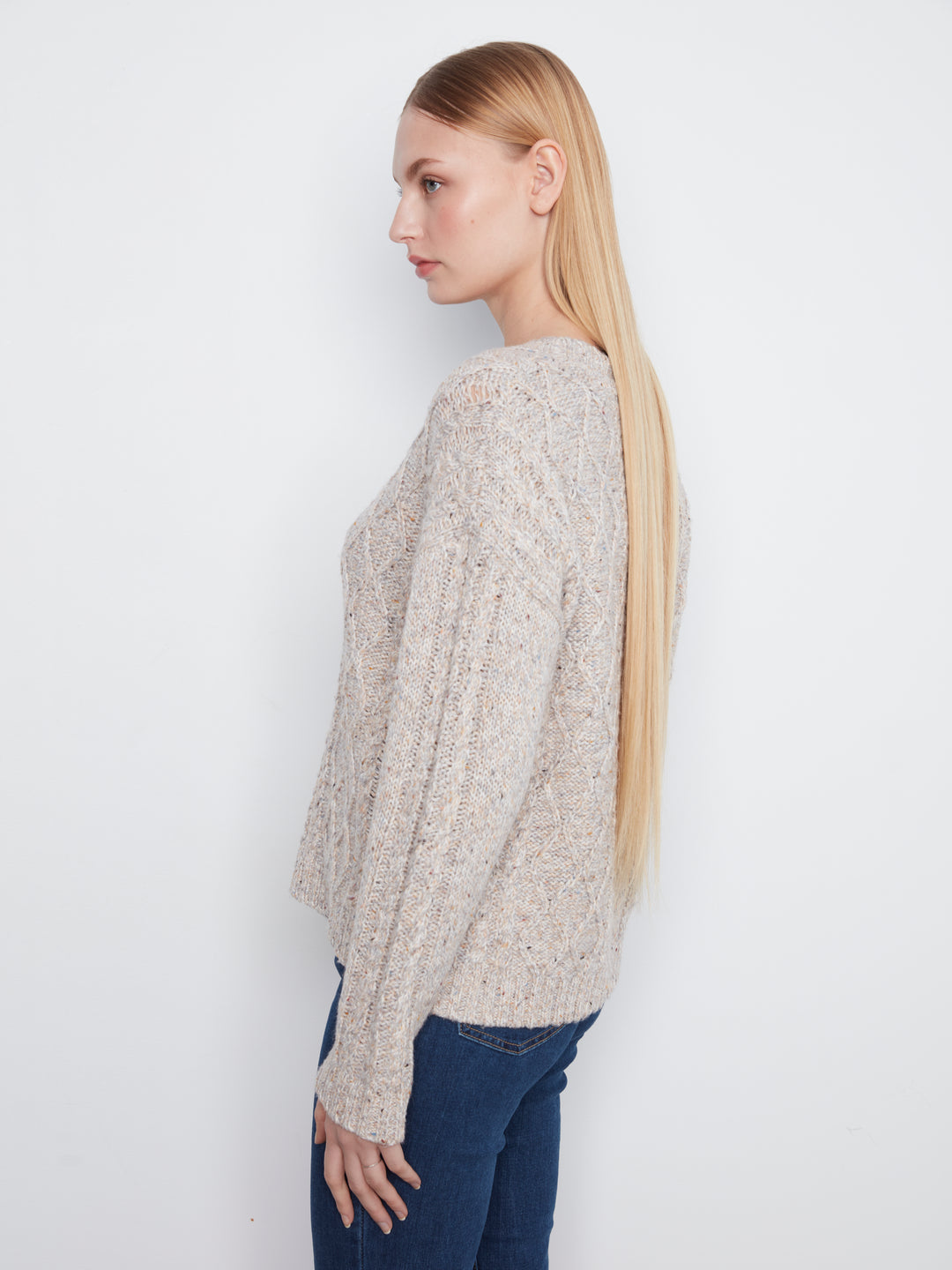 Long Sleeve Notch Neck Heather Nep Yarn Sweater