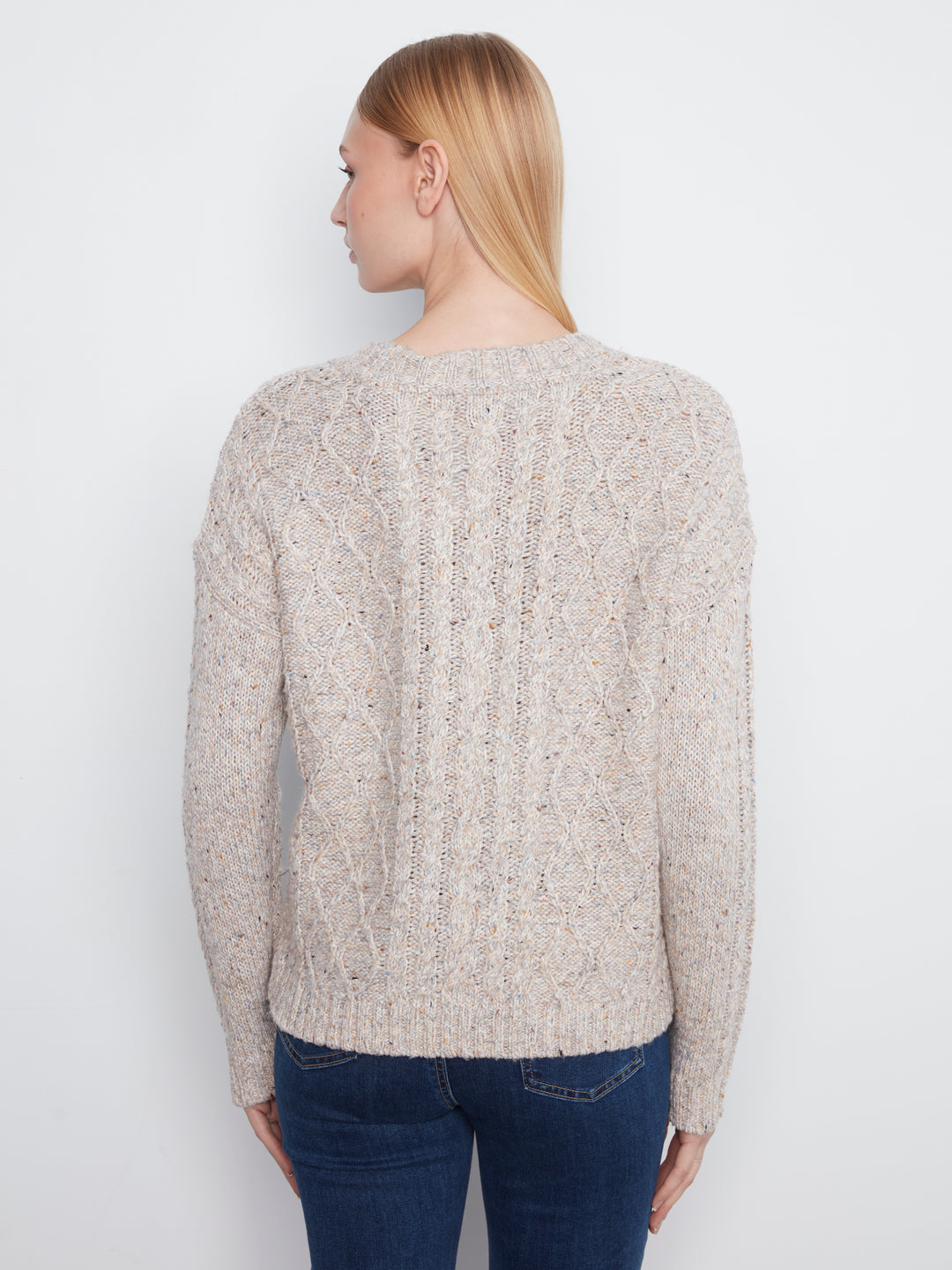 Long Sleeve Notch Neck Heather Nep Yarn Sweater