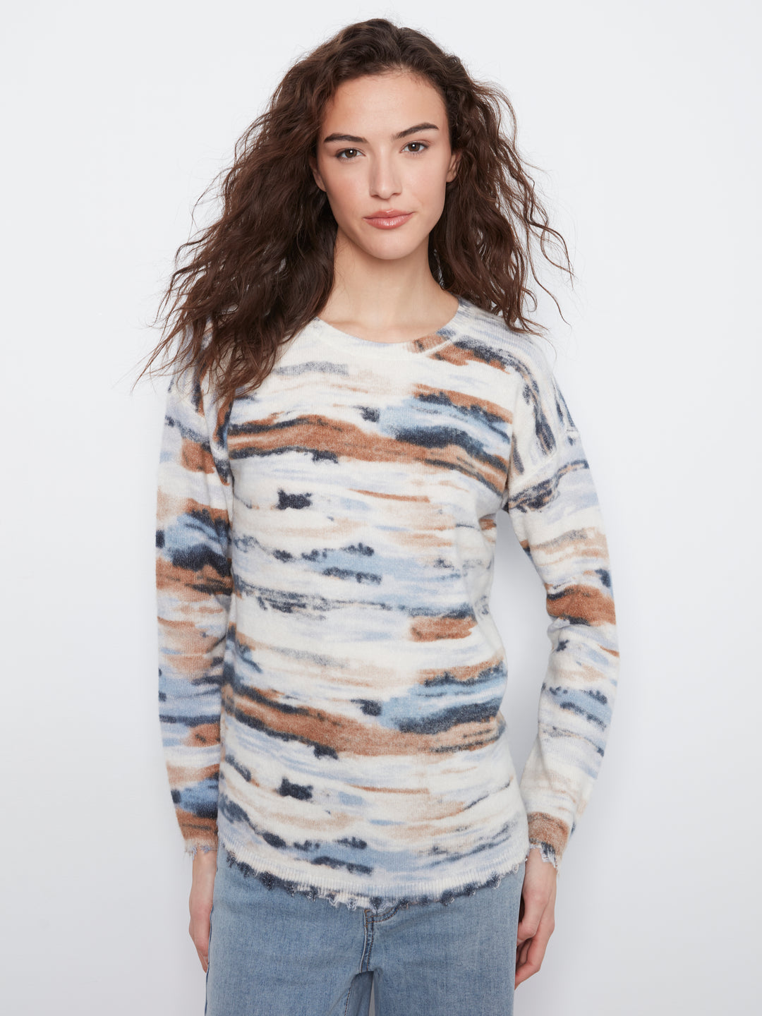 Long Sleeve Drop Shoulder Reversible Printed Crew Neck Sweater