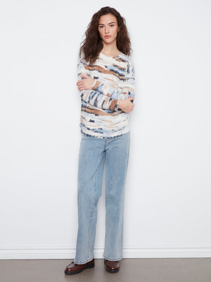 Long Sleeve Drop Shoulder Reversible Printed Crew Neck Sweater