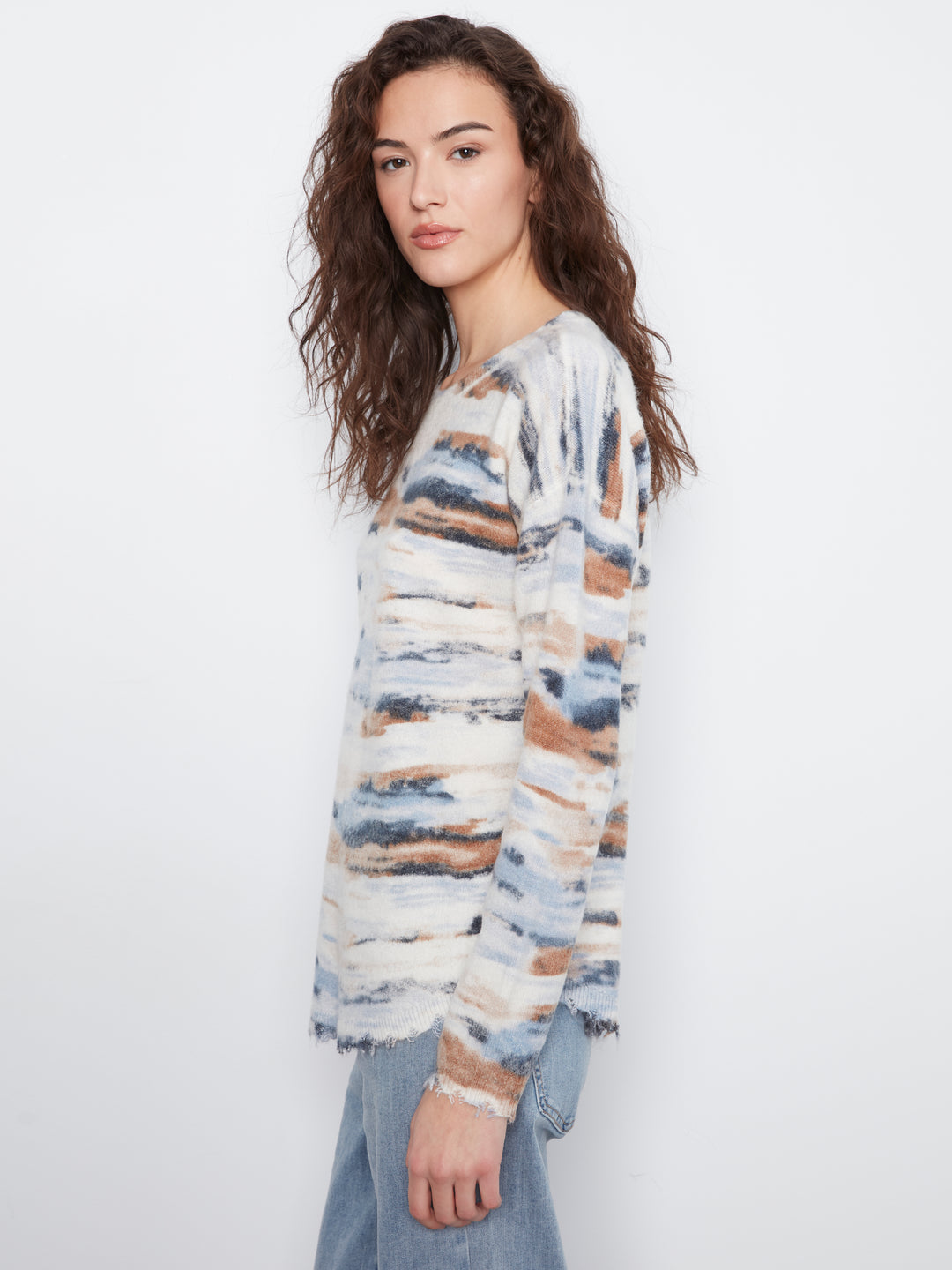 Long Sleeve Drop Shoulder Reversible Printed Crew Neck Sweater