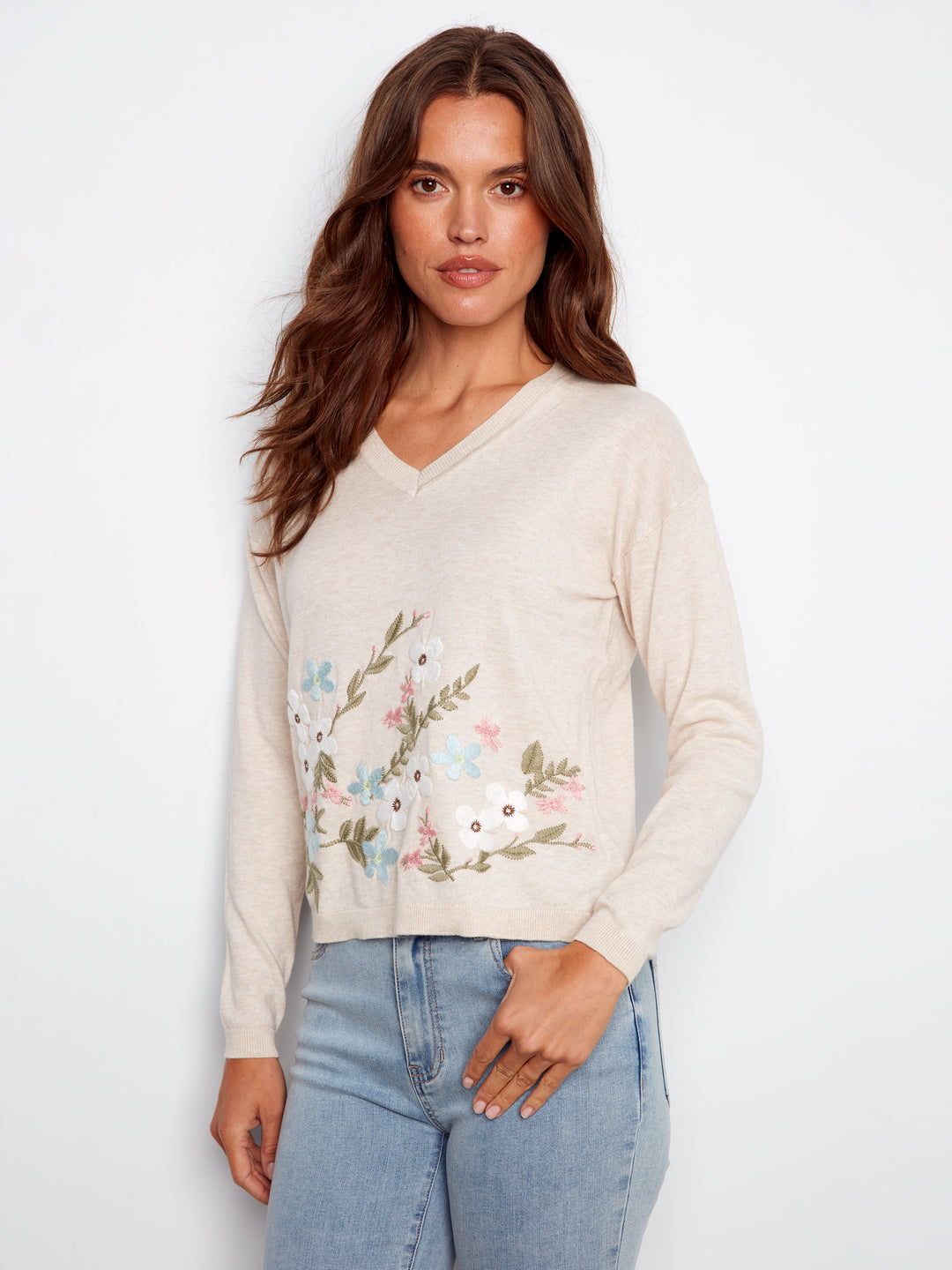 Long Sleeve V-Neck Sweater With Embroidery At Front Body