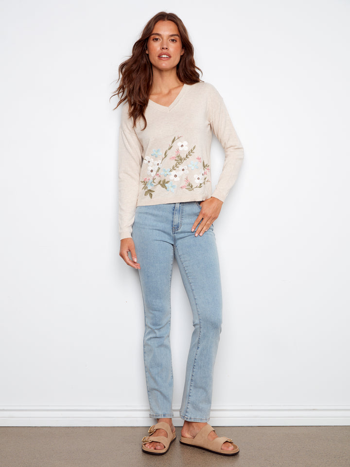 Long Sleeve V-Neck Sweater With Embroidery At Front Body