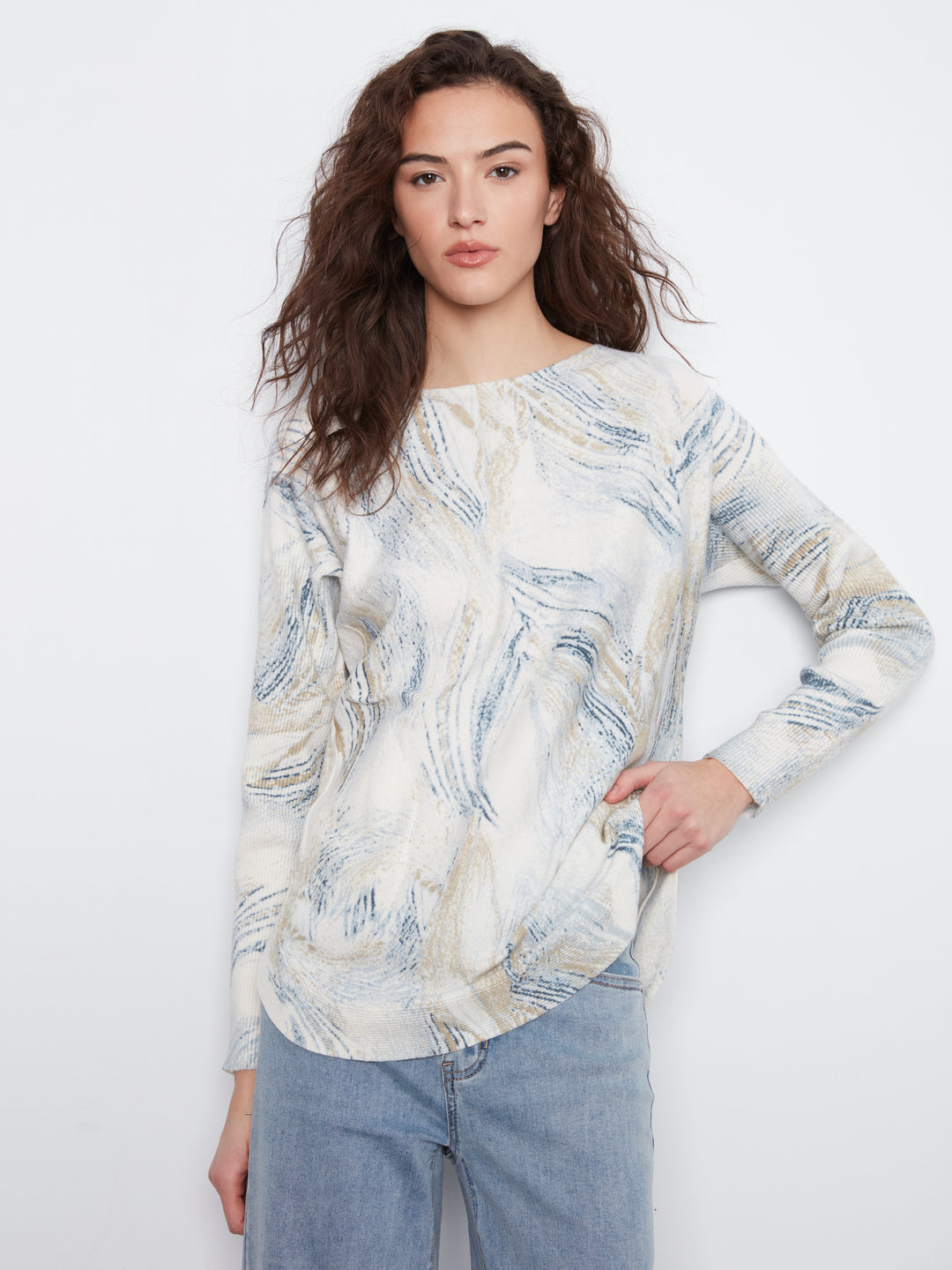 Long Sleeve Drop Shoulder Printed Boat Neck Sweater With Pockets