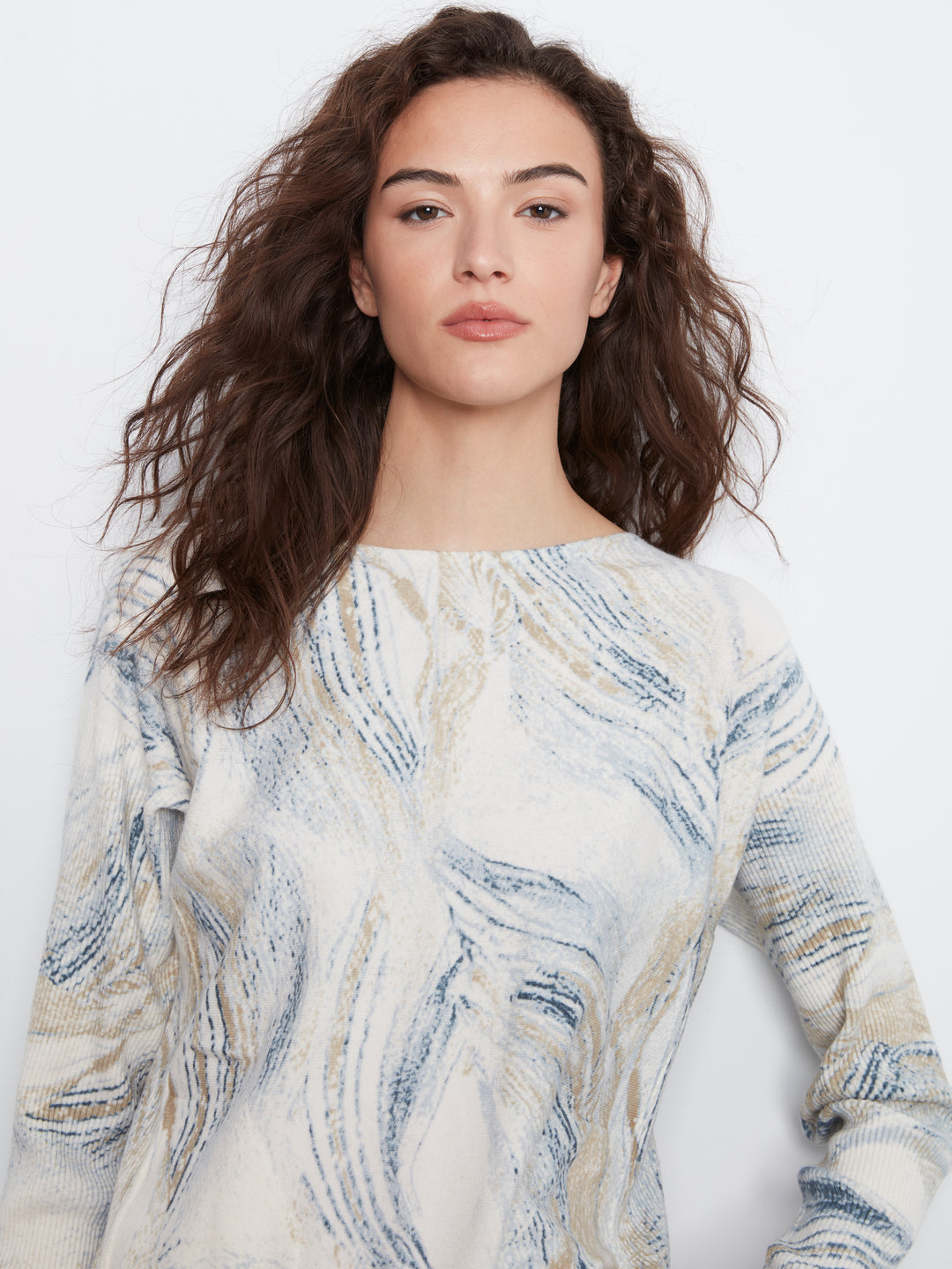 Long Sleeve Drop Shoulder Printed Boat Neck Sweater With Pockets