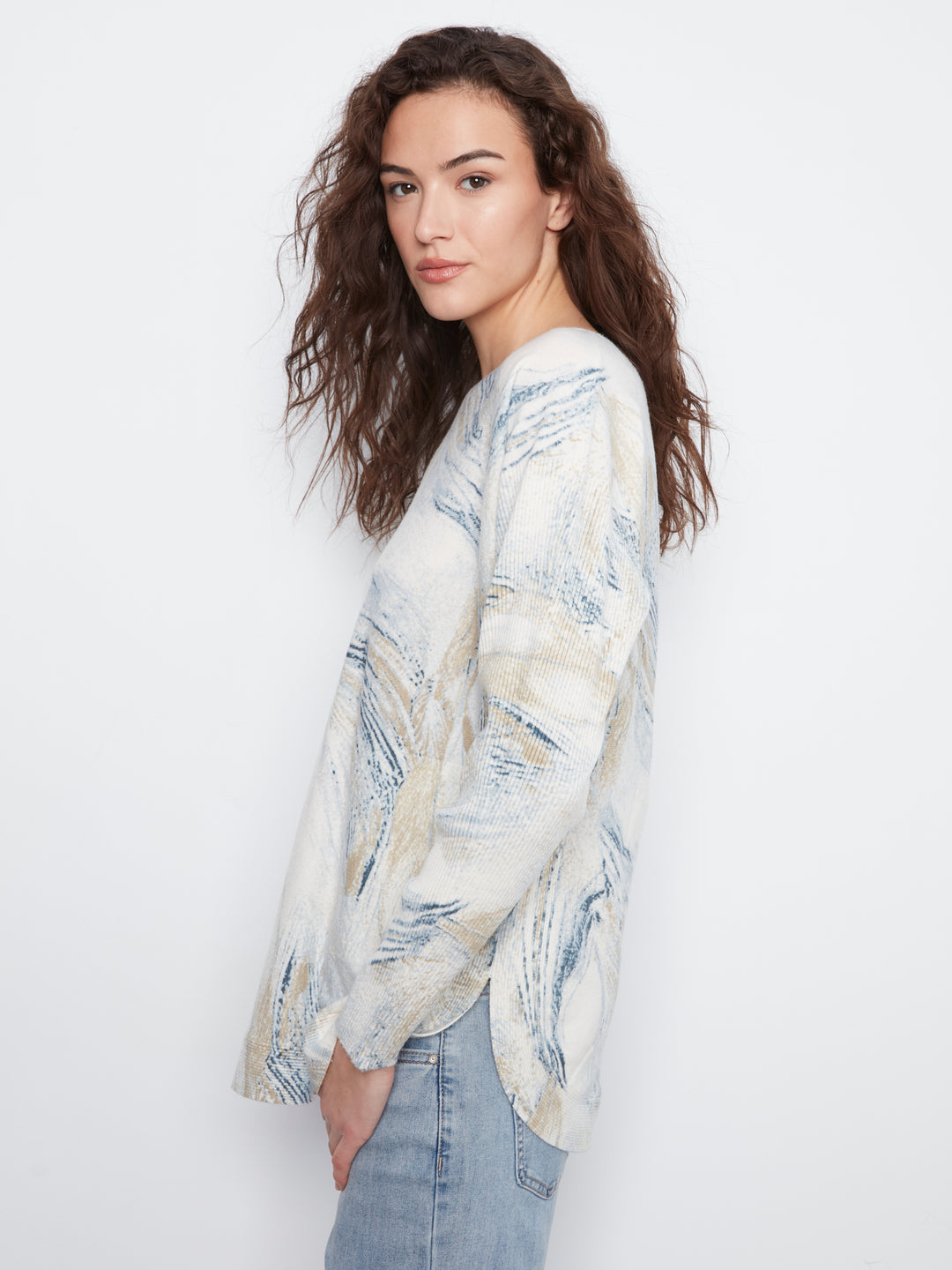 Long Sleeve Drop Shoulder Printed Boat Neck Sweater With Pockets
