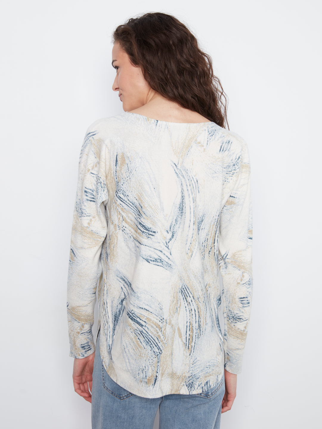Long Sleeve Drop Shoulder Printed Boat Neck Sweater With Pockets