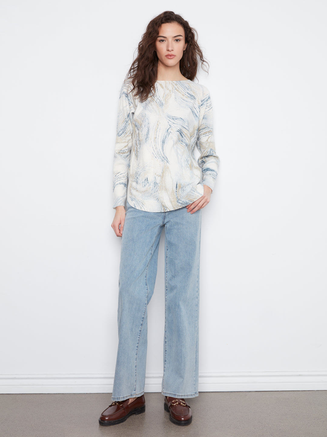 Long Sleeve Drop Shoulder Printed Boat Neck Sweater With Pockets
