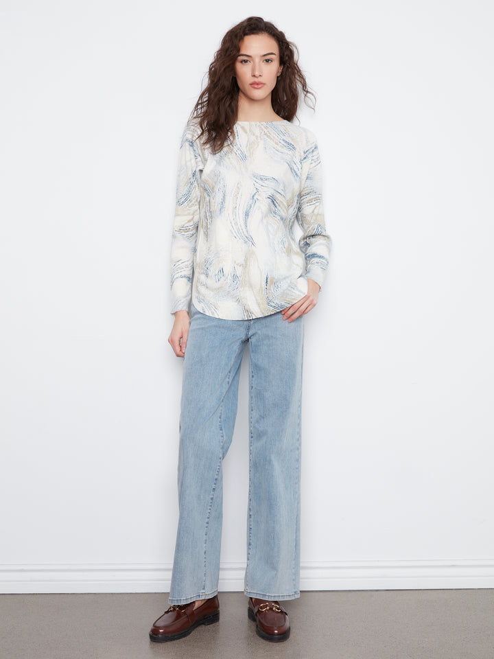 Long Sleeve Drop Shoulder Printed Boat Neck Sweater With Pockets