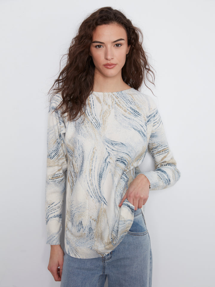 Long Sleeve Drop Shoulder Printed Boat Neck Sweater With Pockets
