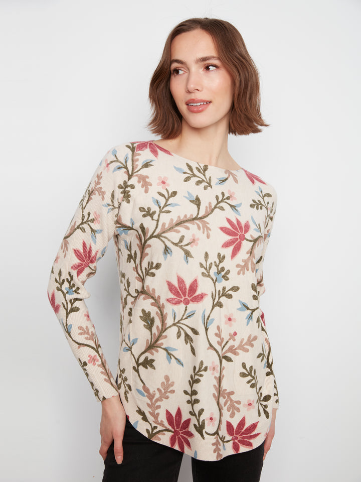Long Sleeve Drop Shoulder Printed Boat Neck Sweater With Pockets