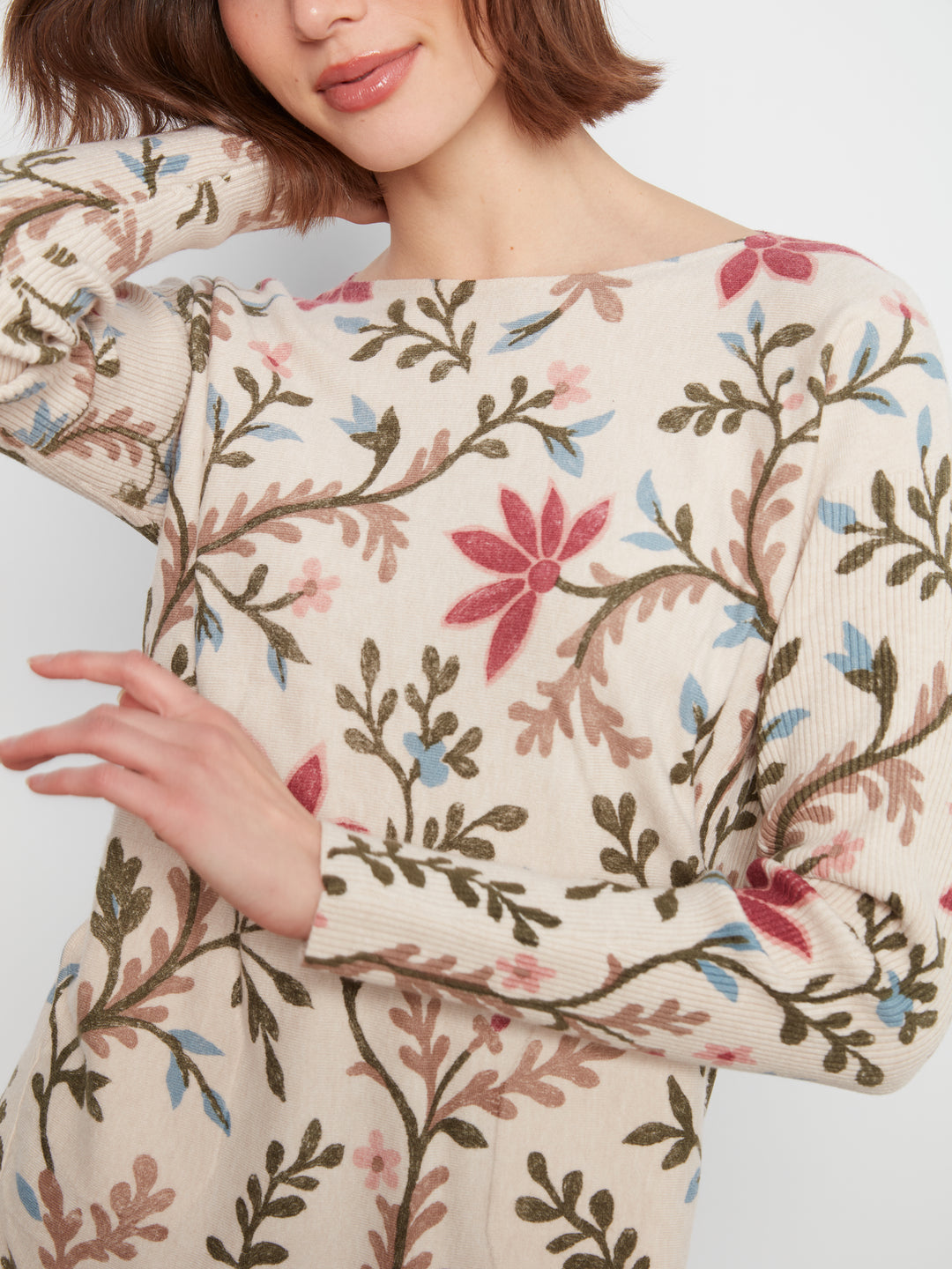 Long Sleeve Drop Shoulder Printed Boat Neck Sweater With Pockets