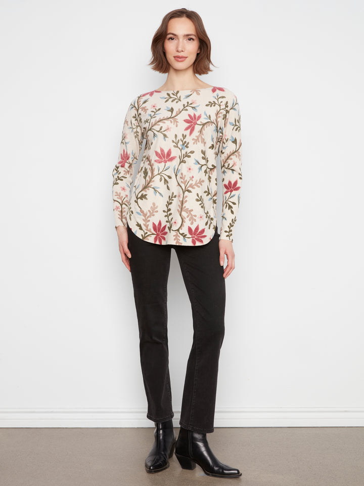 Long Sleeve Drop Shoulder Printed Boat Neck Sweater With Pockets