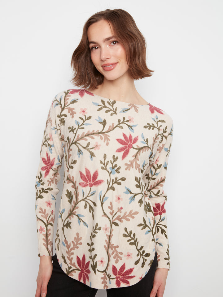 Long Sleeve Drop Shoulder Printed Boat Neck Sweater With Pockets
