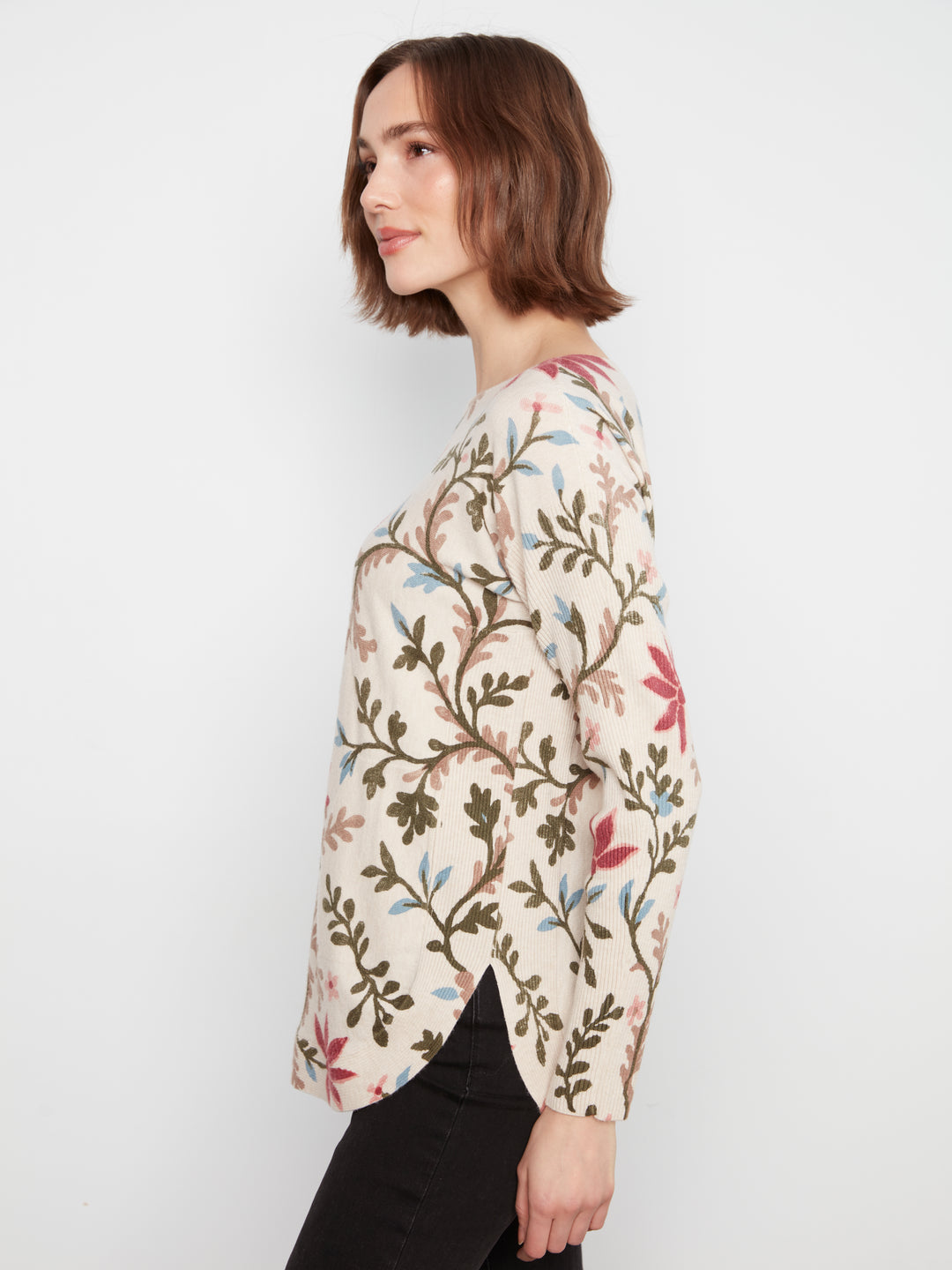 Long Sleeve Drop Shoulder Printed Boat Neck Sweater With Pockets