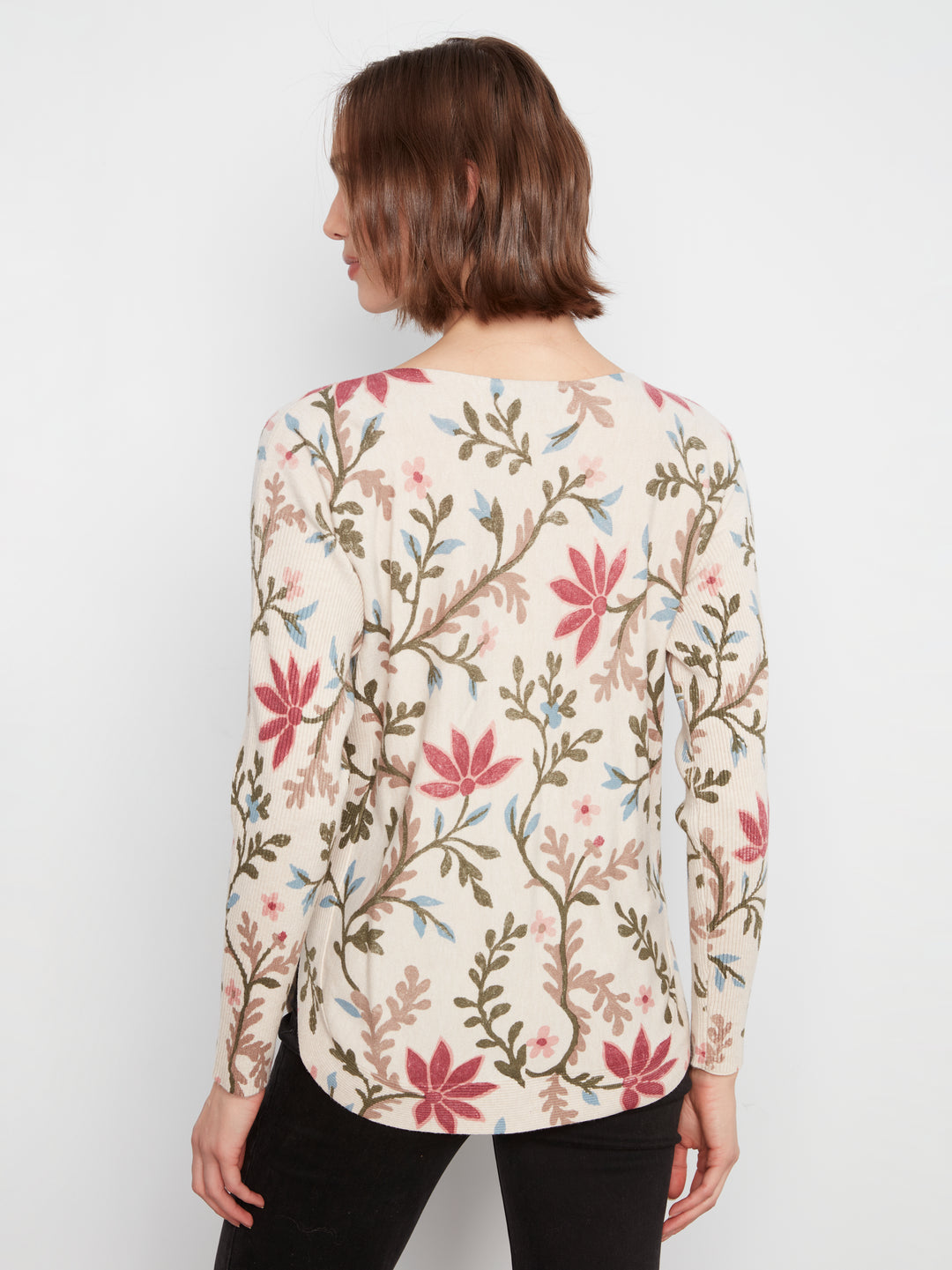 Long Sleeve Drop Shoulder Printed Boat Neck Sweater With Pockets