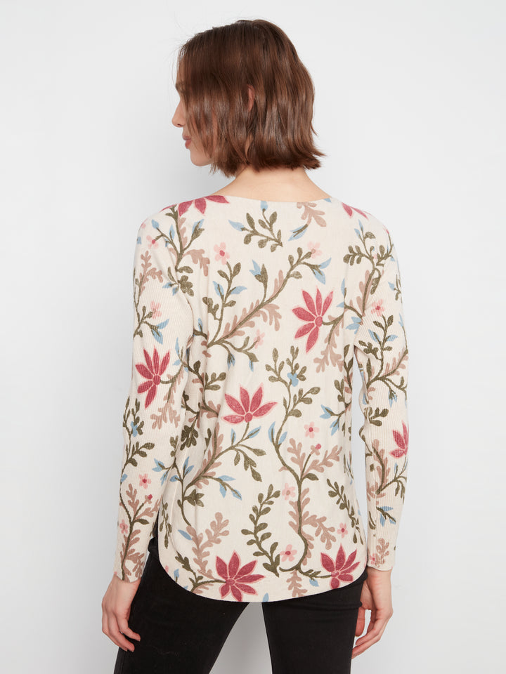 Long Sleeve Drop Shoulder Printed Boat Neck Sweater With Pockets
