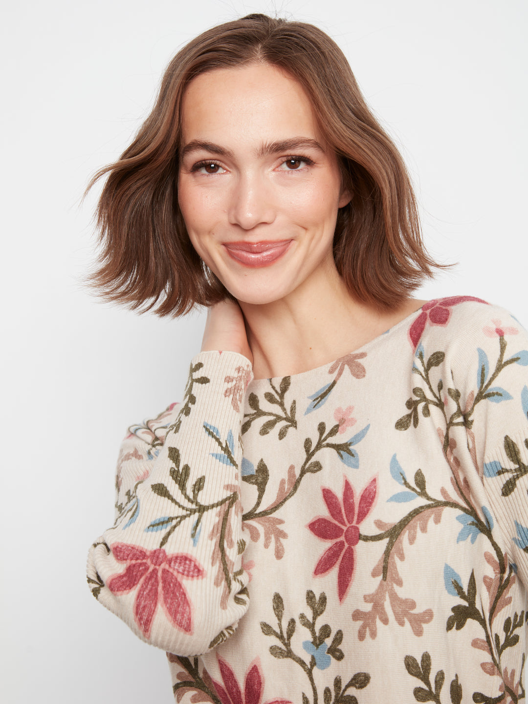 Long Sleeve Drop Shoulder Printed Boat Neck Sweater With Pockets