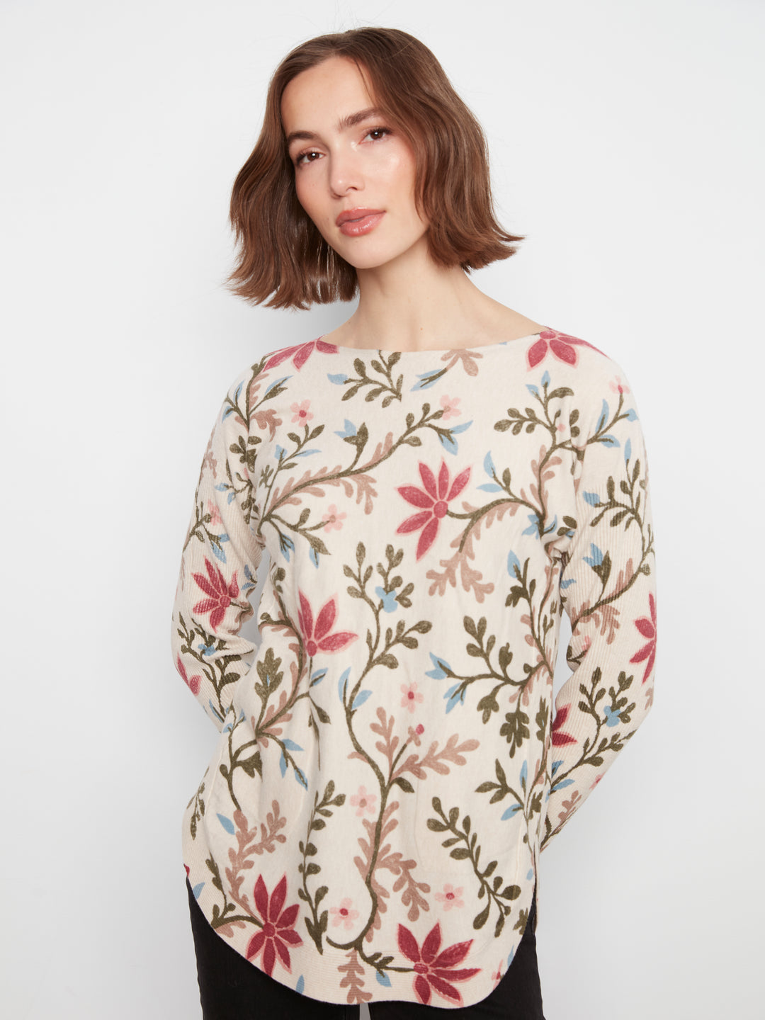 Long Sleeve Drop Shoulder Printed Boat Neck Sweater With Pockets