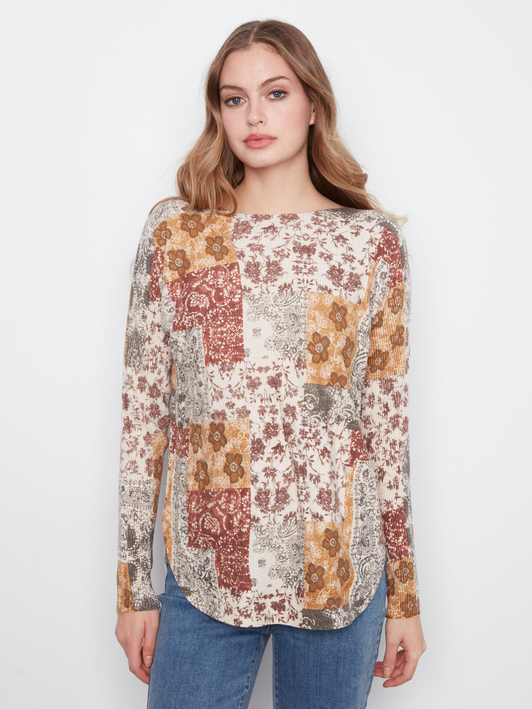Long Sleeve Drop Shoulder Printed Boat Neck Sweater With Pockets