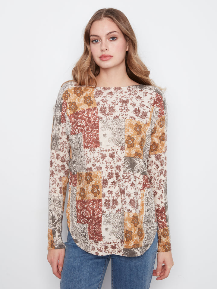 Long Sleeve Drop Shoulder Printed Boat Neck Sweater With Pockets