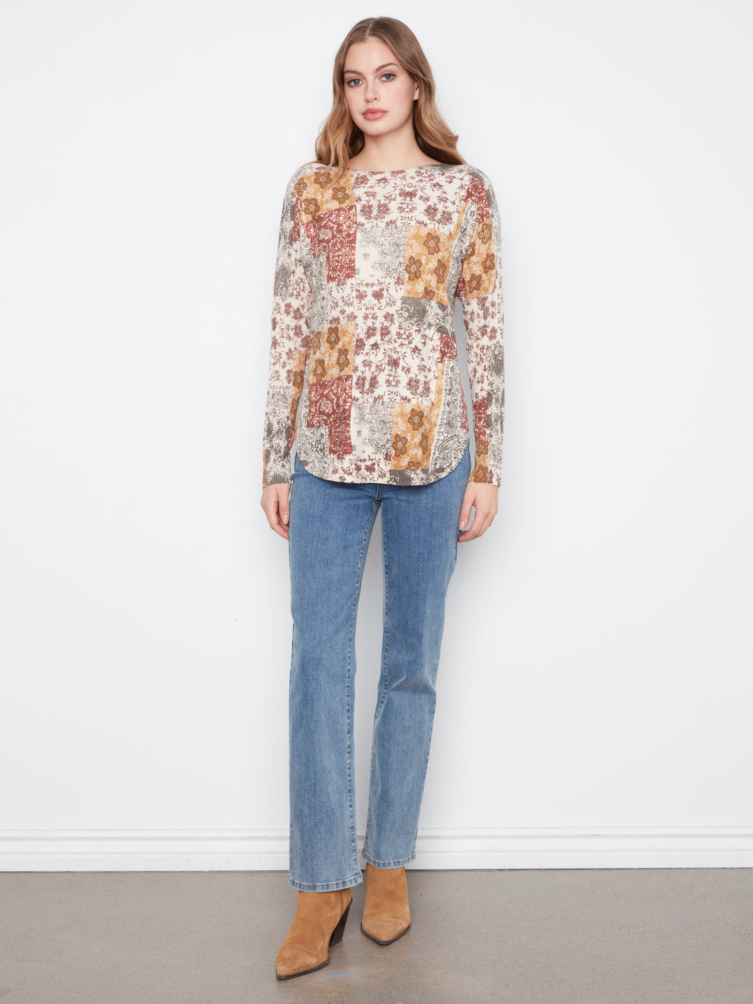 Long Sleeve Drop Shoulder Printed Boat Neck Sweater With Pockets