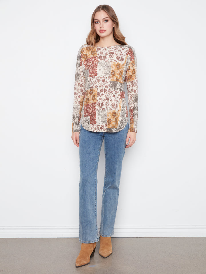 Long Sleeve Drop Shoulder Printed Boat Neck Sweater With Pockets