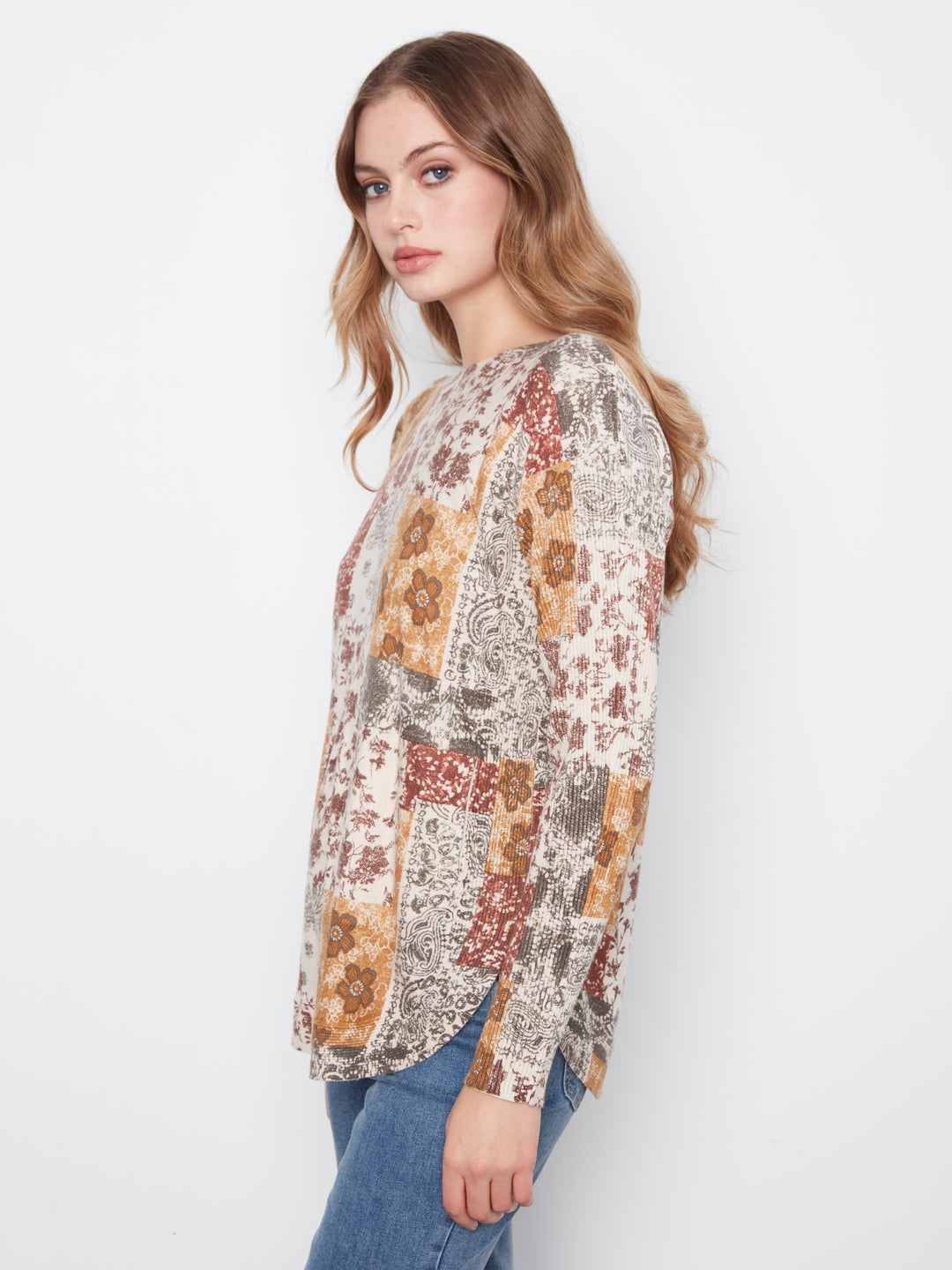 Long Sleeve Drop Shoulder Printed Boat Neck Sweater With Pockets