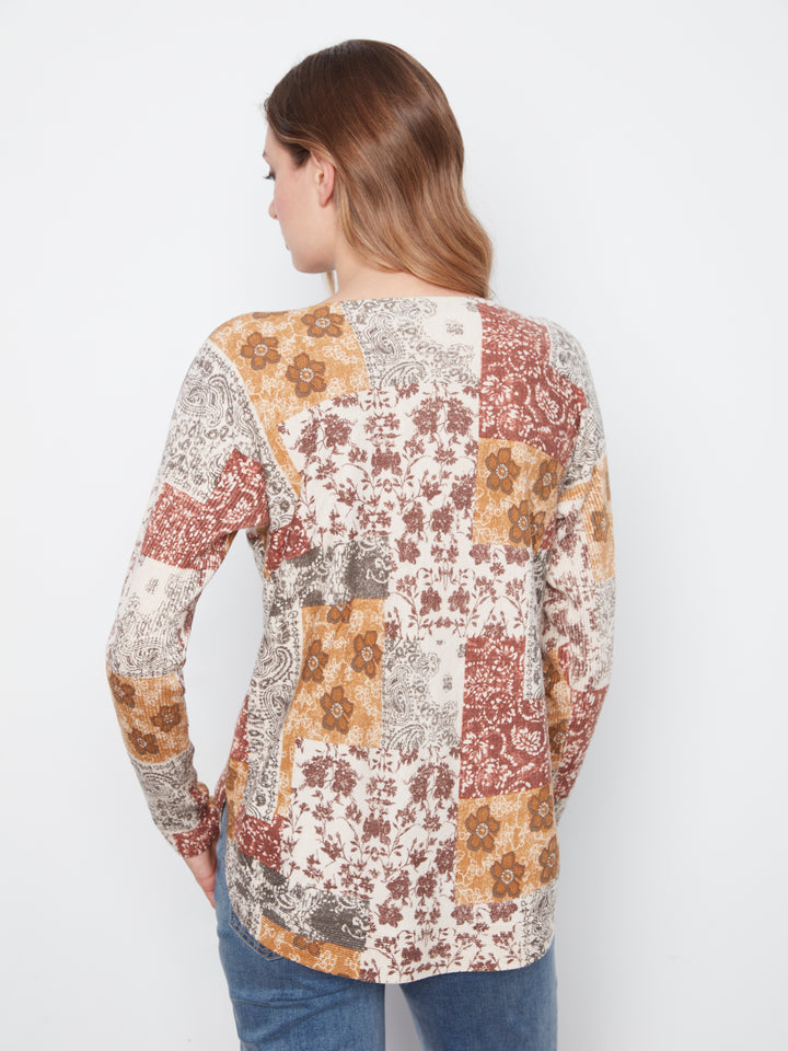 Long Sleeve Drop Shoulder Printed Boat Neck Sweater With Pockets