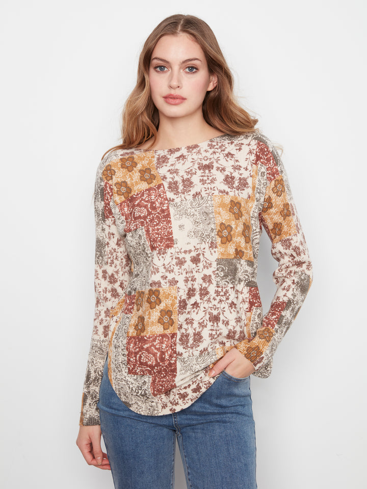 Long Sleeve Drop Shoulder Printed Boat Neck Sweater With Pockets