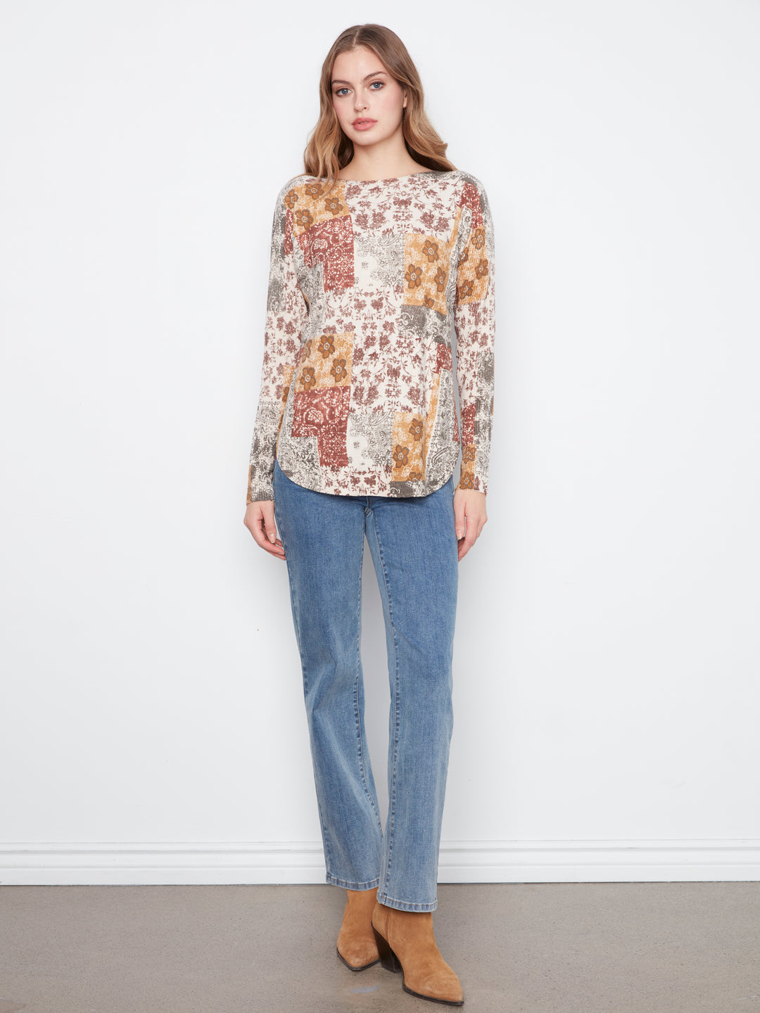 Long Sleeve Drop Shoulder Printed Boat Neck Sweater With Pockets
