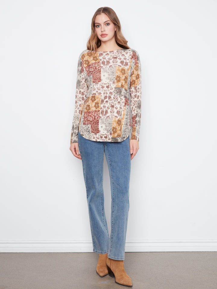 Long Sleeve Drop Shoulder Printed Boat Neck Sweater With Pockets