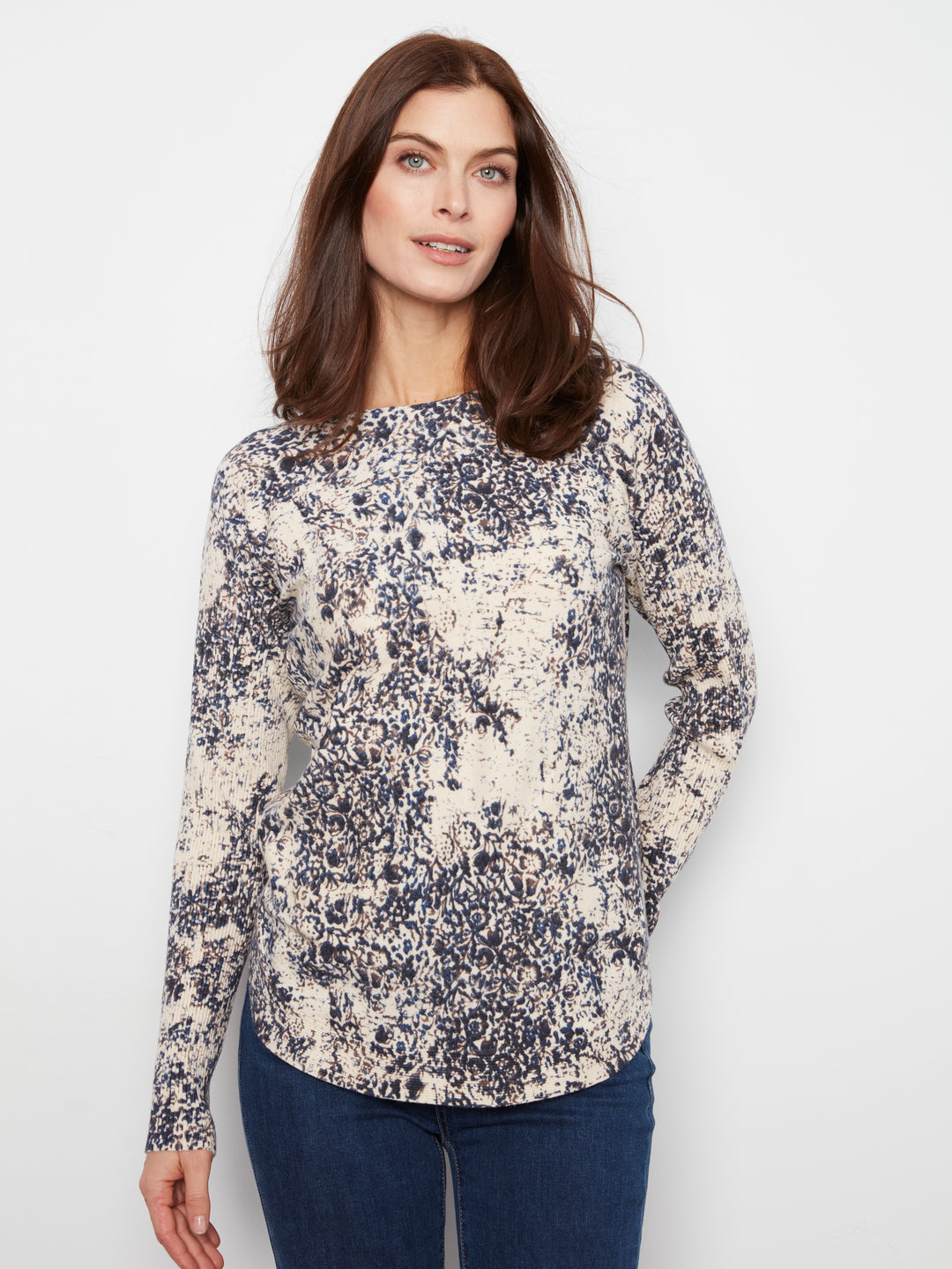 Long Sleeve Drop Shoulder Printed Boat Neck Sweater With Pockets