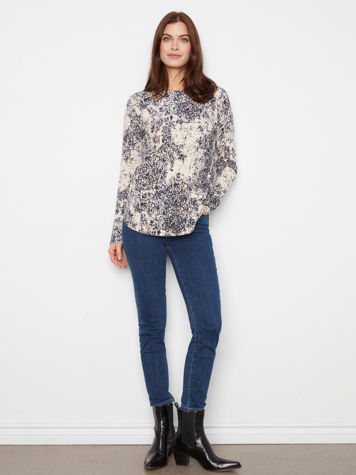 Long Sleeve Drop Shoulder Printed Boat Neck Sweater With Pockets