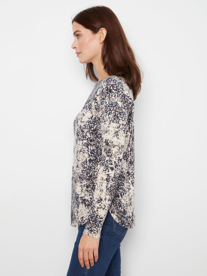 Long Sleeve Drop Shoulder Printed Boat Neck Sweater With Pockets