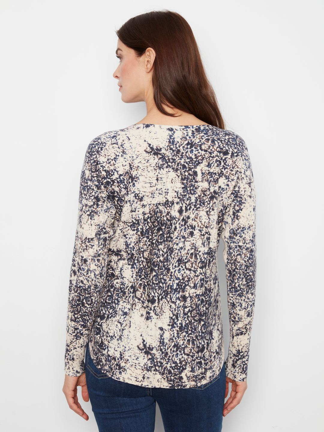 Long Sleeve Drop Shoulder Printed Boat Neck Sweater With Pockets