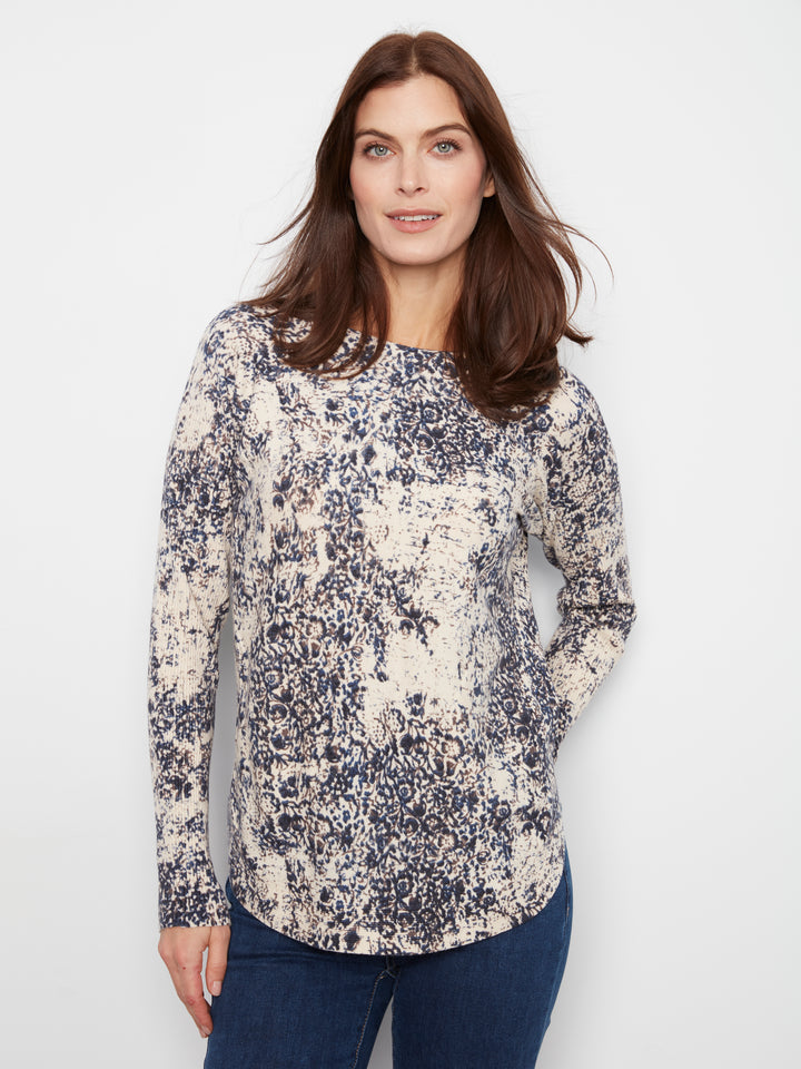 Long Sleeve Drop Shoulder Printed Boat Neck Sweater With Pockets