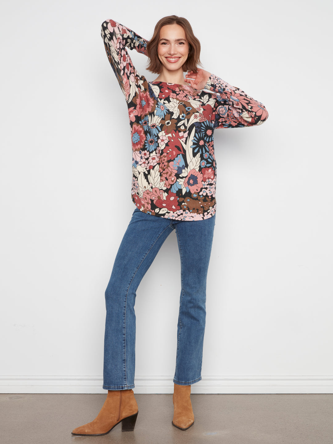 Long Sleeve Drop Shoulder Printed Boat Neck Sweater With Pockets