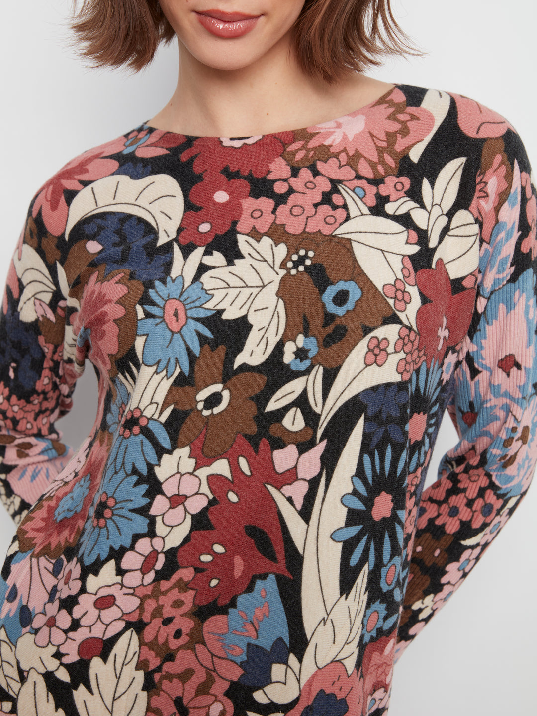 Long Sleeve Drop Shoulder Printed Boat Neck Sweater With Pockets