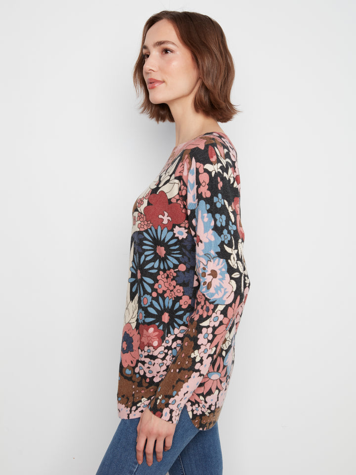Long Sleeve Drop Shoulder Printed Boat Neck Sweater With Pockets