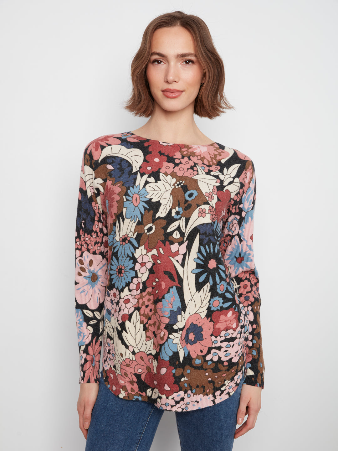 Long Sleeve Drop Shoulder Printed Boat Neck Sweater With Pockets