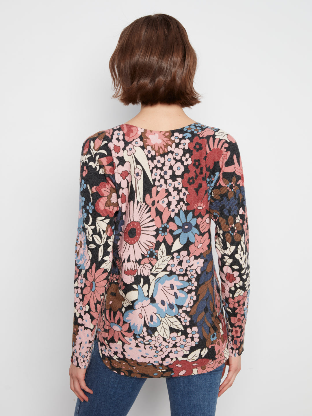 Long Sleeve Drop Shoulder Printed Boat Neck Sweater With Pockets