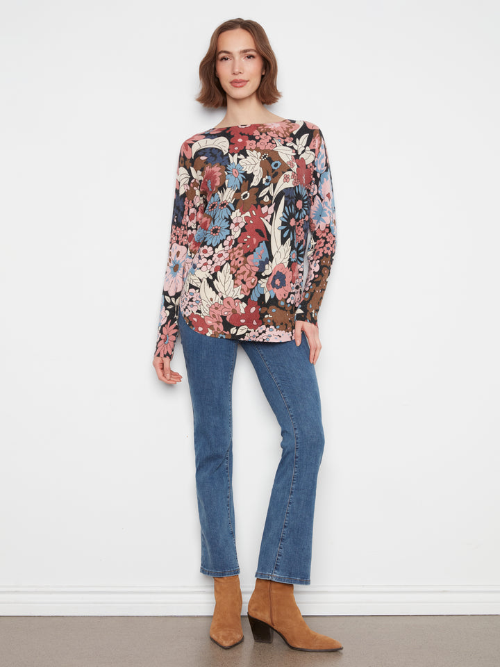 Long Sleeve Drop Shoulder Printed Boat Neck Sweater With Pockets