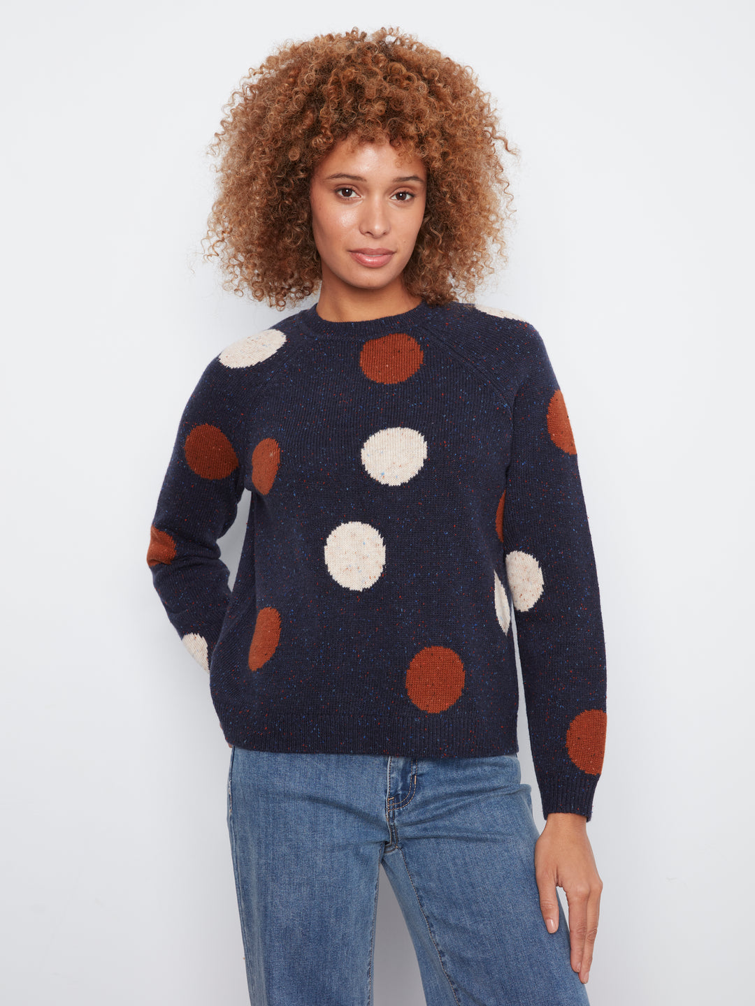 Long Sleeve Raglan Crew Neck Sweater With Placed Jacquard