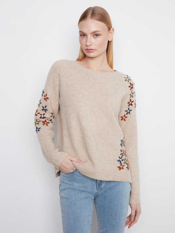 Floral Embroidered Raglan Crew Neck Sweater