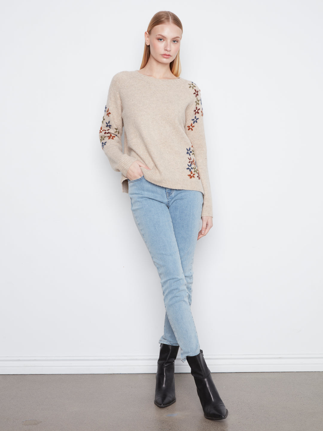 Floral Embroidered Raglan Crew Neck Sweater